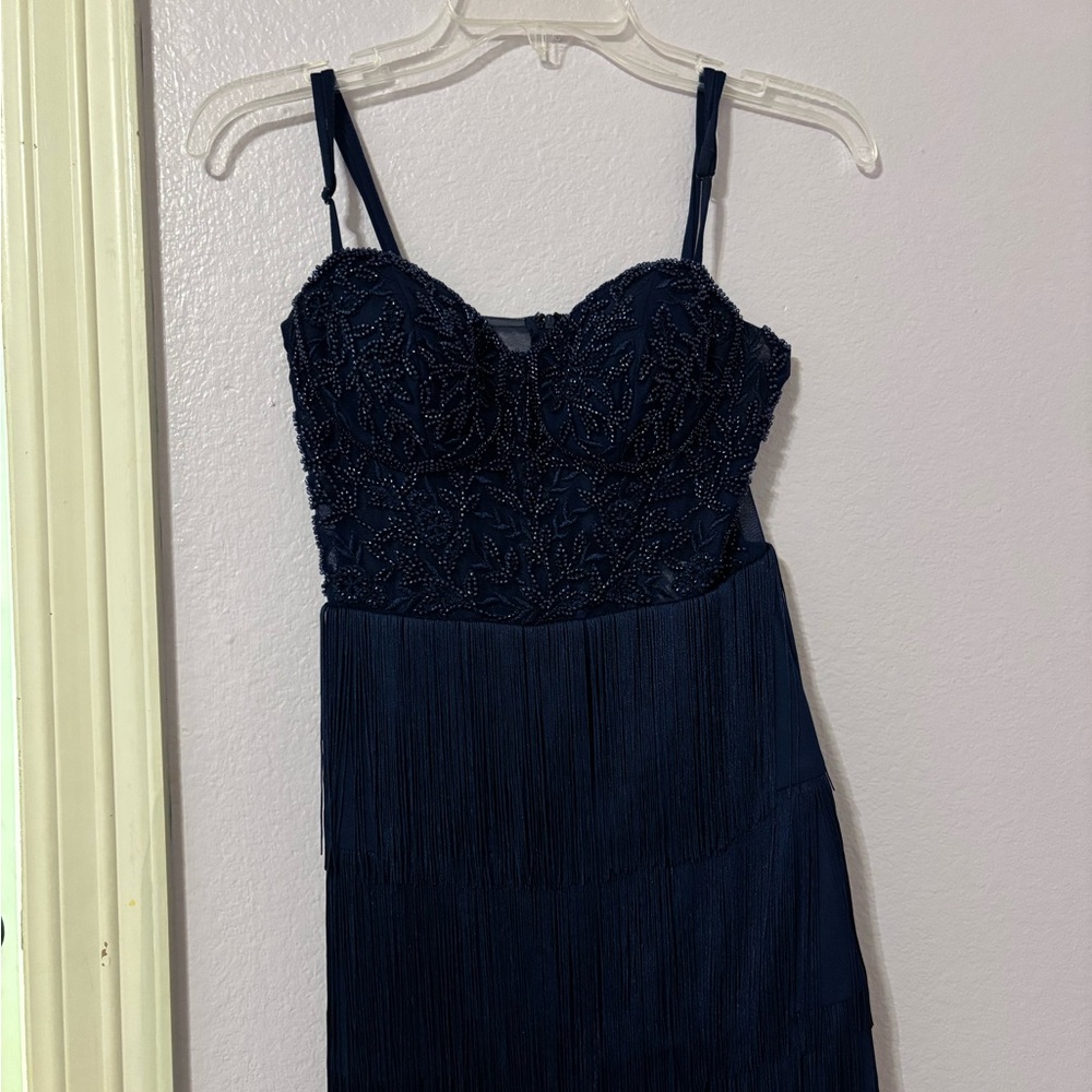 B Darlin Strapless Navy Dress with Beaded Bodice
